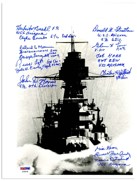 Photo Signed by 13 Survivors of the USS Arizona, the Ship Attacked and Sunk During Pearl Harbor -- With PSA/DNA COA for All 13 Signatures